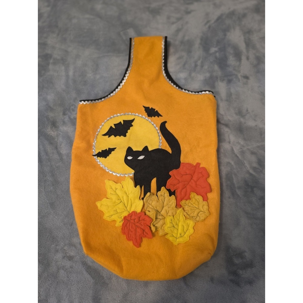 VTG Halloween Trick Or Treat Bag Black Cat Moon‎ Felt Tote Candy Bag22x13.5